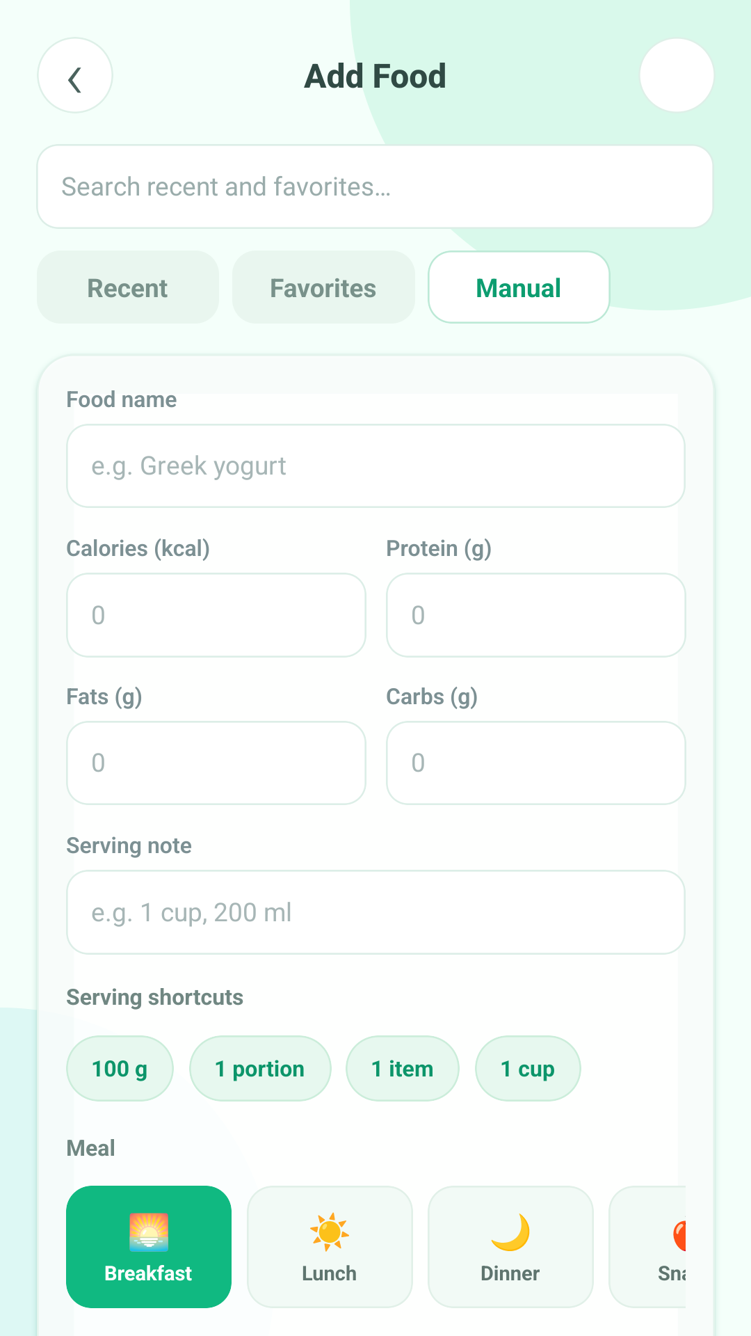 Food entry screen in Pure Plate Tracker