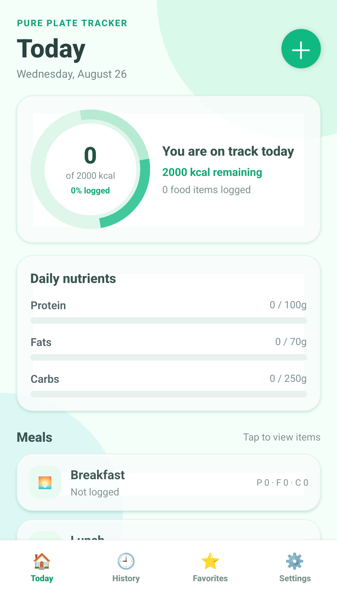 Pure Plate Tracker daily dashboard screen